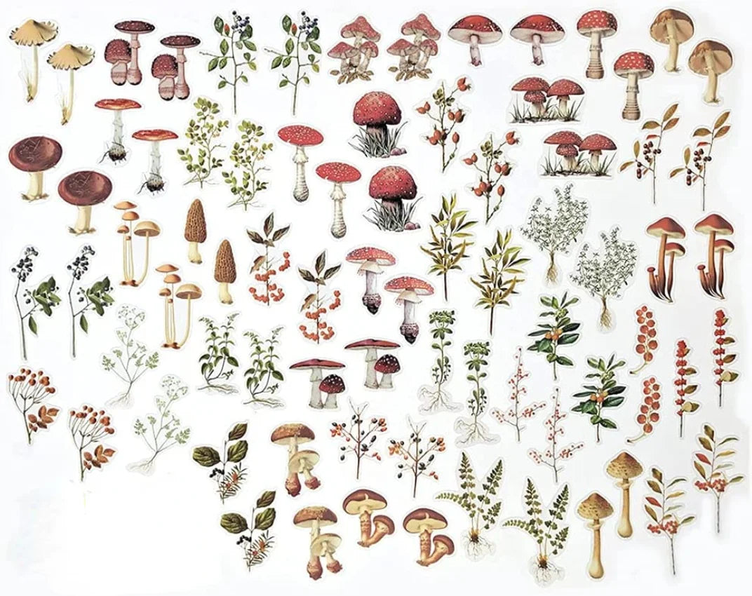 Mushroom & Plant Sticker Set (80pcs) — Vintage Nature PET Transparent Die-Cut Decals for Journaling & Scrapbooking