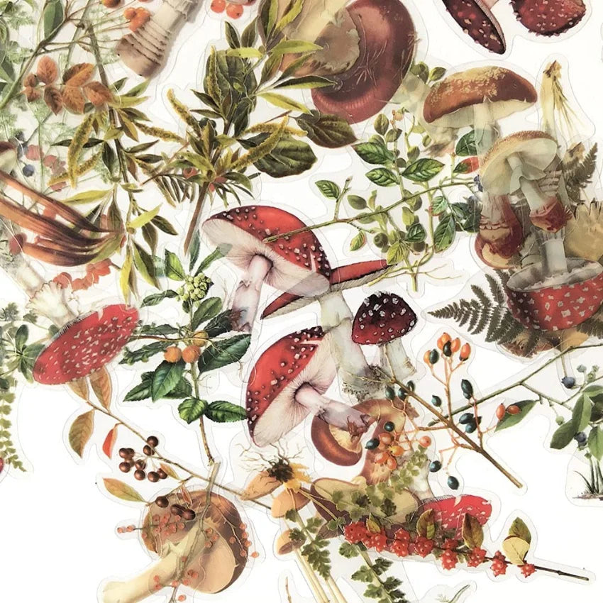 Mushroom & Plant Sticker Set (80pcs) — Vintage Nature PET Transparent Die-Cut Decals for Journaling & Scrapbooking