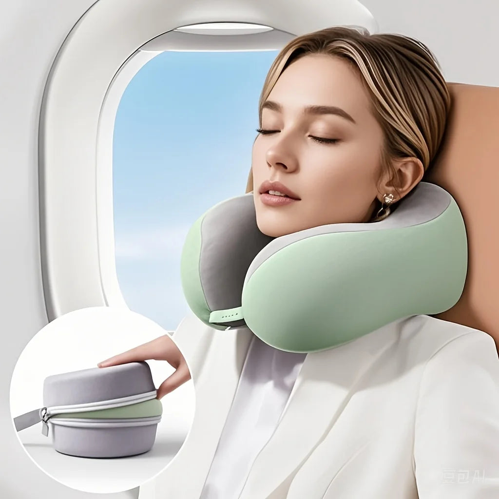 U-Shaped Memory Foam Neck Pillow with Storage Bag — For Travel, Office & Napping
