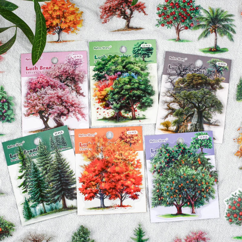 Forest Tree Sticker Sheets — 15 Sheets of Green Plant & Tree Illustrations for Journals & Scrapbooks