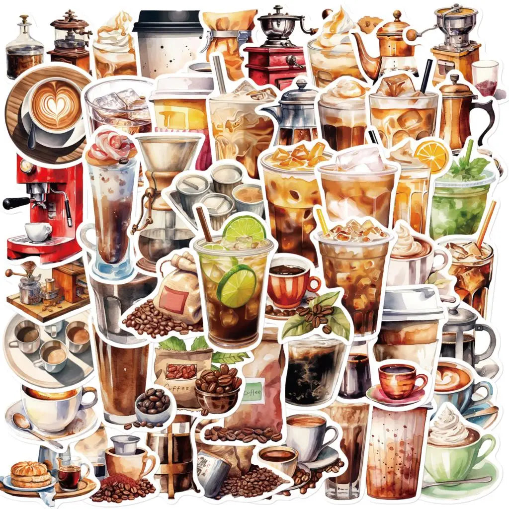 Coffee Lover Sticker Pack (50pcs) — Waterproof Art Stickers for Notebooks, Laptops & Luggage
