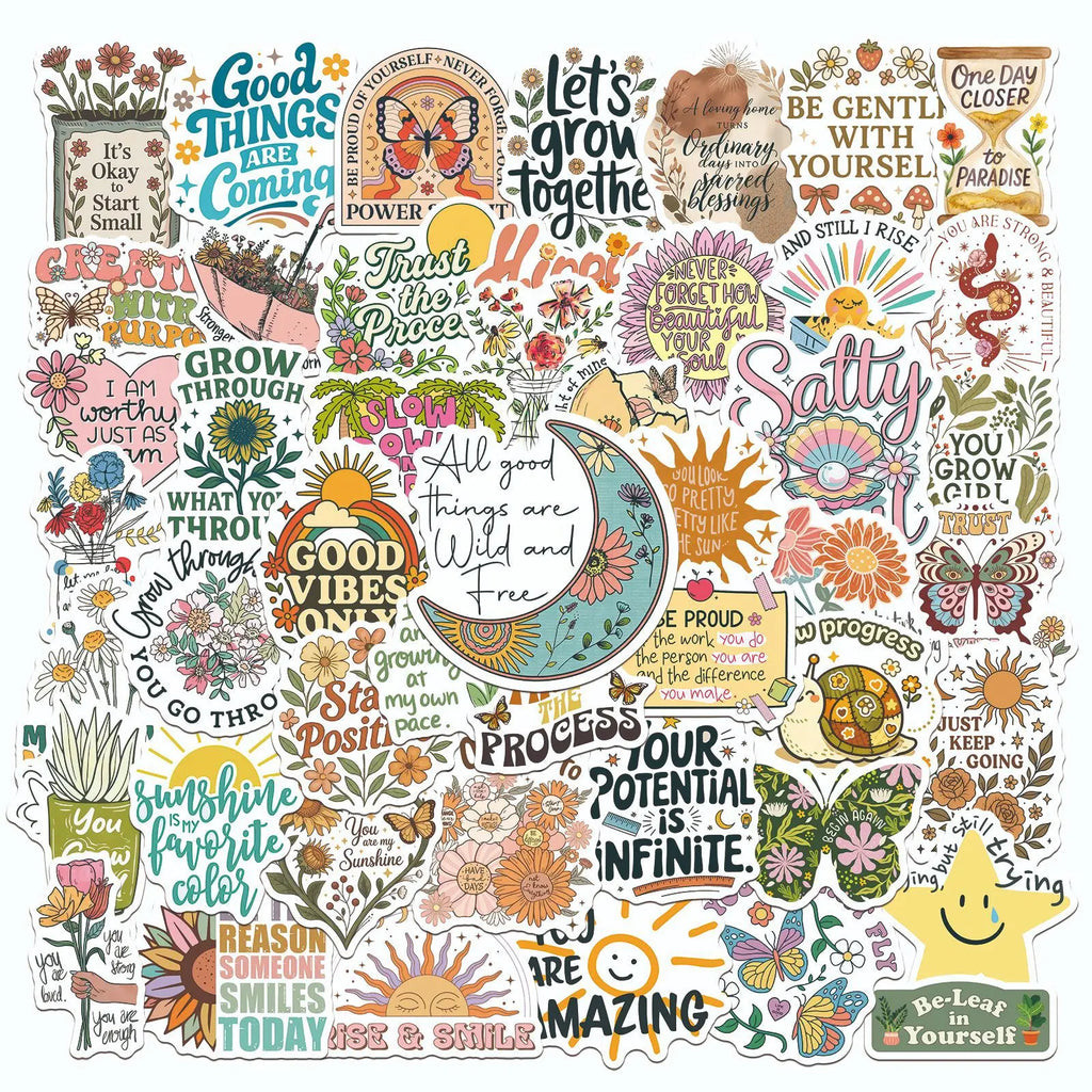 Aesthetic Motivational Quote Sticker Pack (50pcs) — Bohemian Art Decals for Laptops, Journals & More
