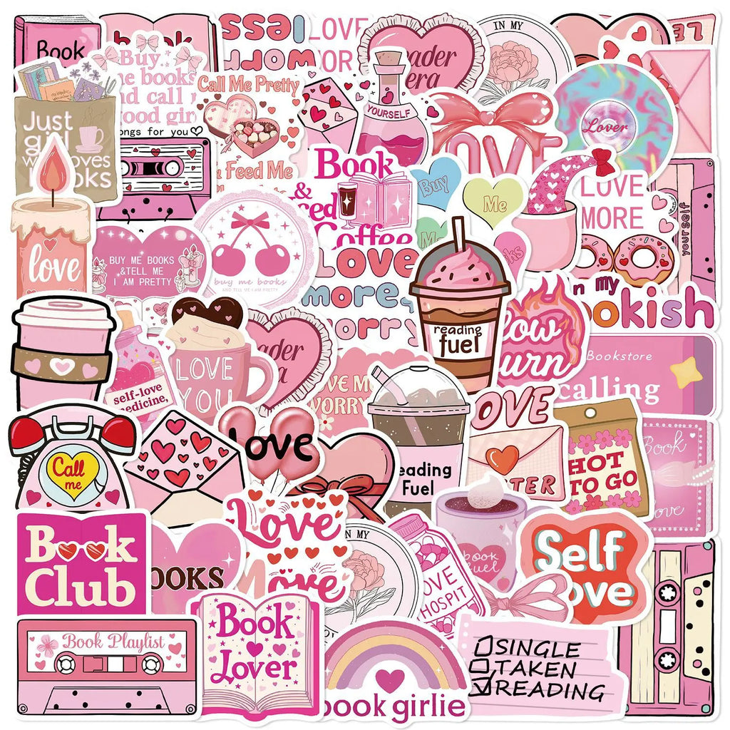 Pink Bookish Lover Sticker Pack – 50pcs Vinyl Decals for Notebooks & Luggage