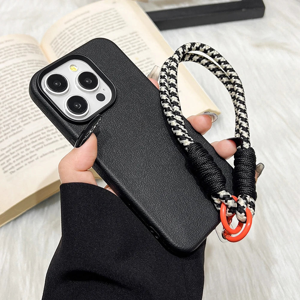 Silicone iPhone Case with Lanyard Strap – Candy Colors, Lichee Pattern, Shockproof Cover for iPhone 11–17