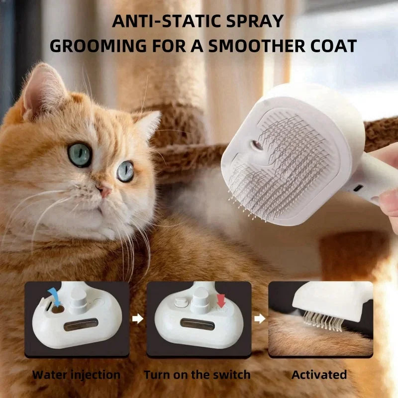 Pet Grooming Comb with Built-In Mist Humidifier – Self-Cleaning Spray Brush for Dogs & Cats