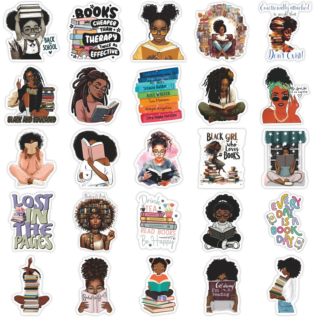 Black Girl Bookish Sticker Pack — 50pcs Book Lover & Vision Board Decals for Kindle