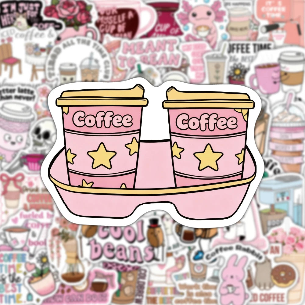 Fun Pink Coffee Art Sticker Pack (50pcs) — I Love Coffee Decals for Water Bottles, Laptops & More