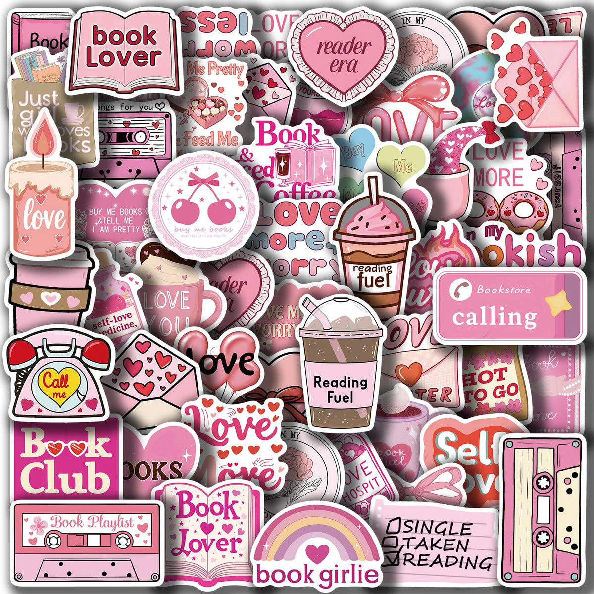 Pink Bookish Sticker Pack – 50pcs Inspirational Decals for Notebooks & Water Bottles