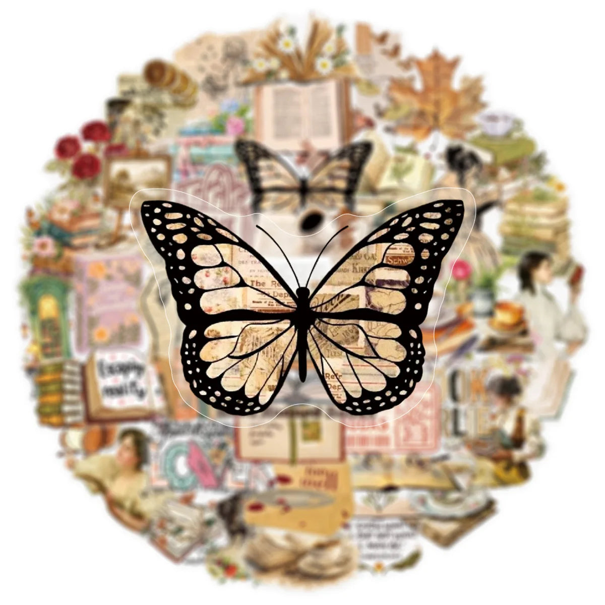 Vintage Book Lover Sticker Pack (50pcs) — Retro Reading, Butterfly & Coffee Waterproof Decals