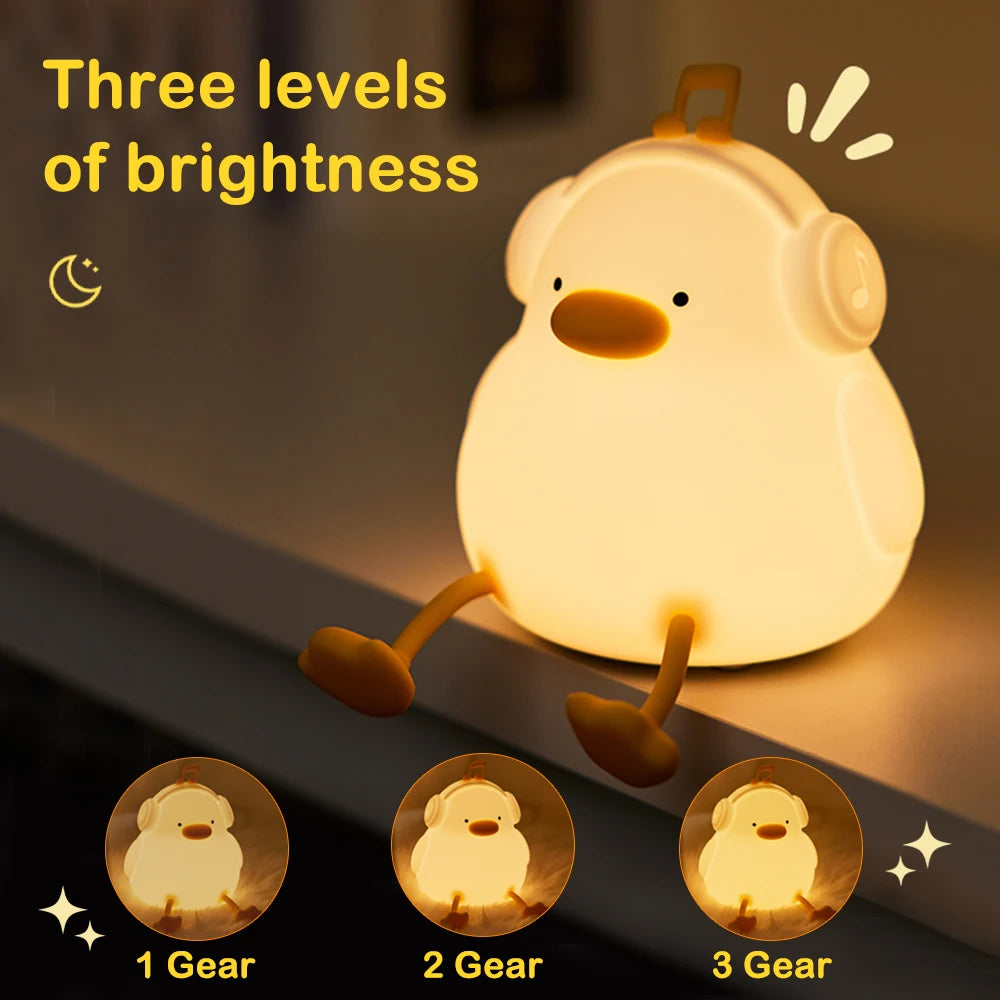 Cute Duck LED Night Light for Kids – Touch Dimming, USB Rechargeable Silicone Cartoon Lamp