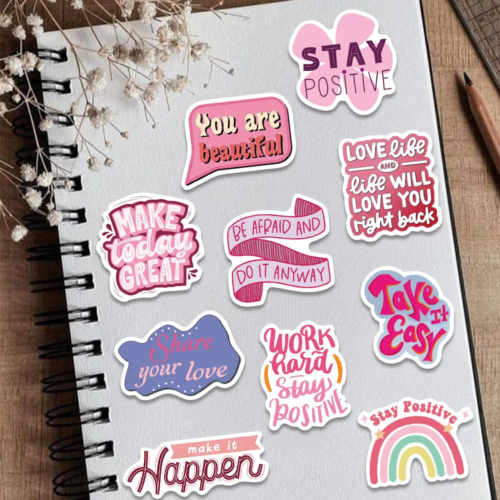 Pink Inspirational Phrases Sticker Pack (50pcs) — Cartoon Motivational Quote Decals for Notebooks, Suitcases & More