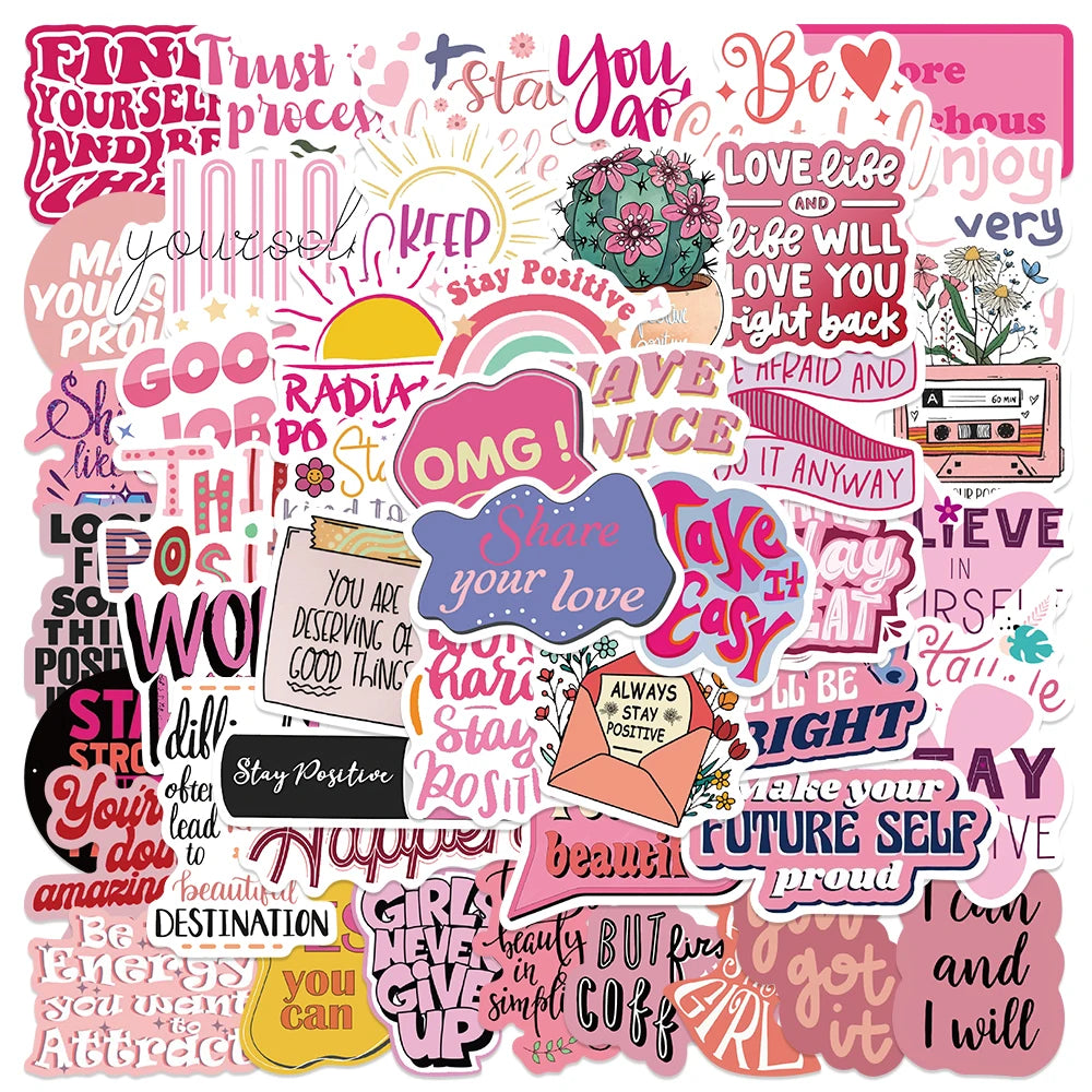 Pink Inspirational Phrases Sticker Pack (50pcs) — Cartoon Motivational Quote Decals for Notebooks, Suitcases & More