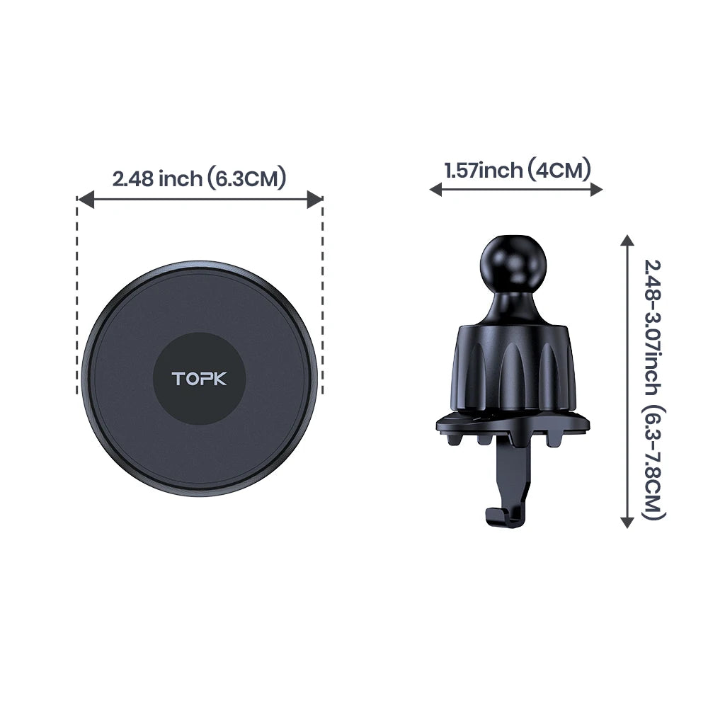 TOPK Magnetic Car Phone Mount – MagSafe Compatible, 20 Magnets, Metal Hook Vent Clip, One-Hand Operation