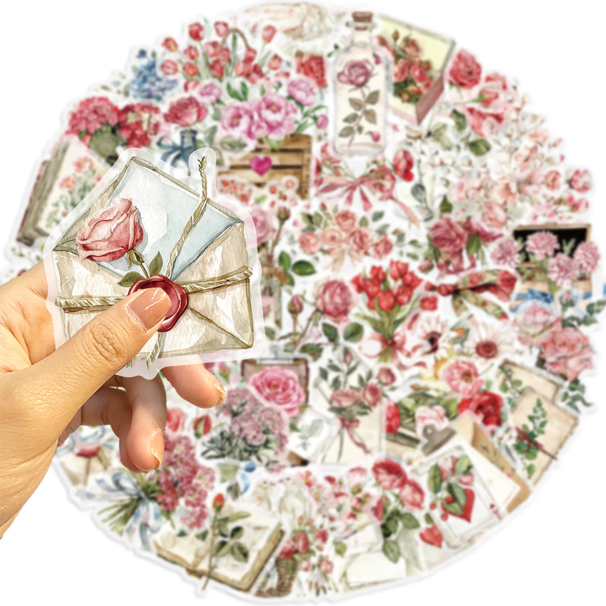 Floral Sticker Pack (50pcs) — Aesthetic Waterproof Flower & Nature Decals for Journals & Water Bottles