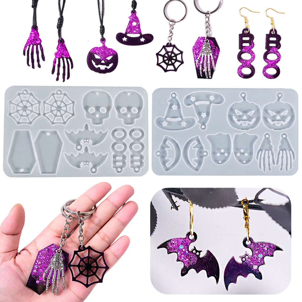 3D Halloween Resin Mold Set — Skull, Pumpkin, Bat & Ghost for Earrings, Pendants & Keychains