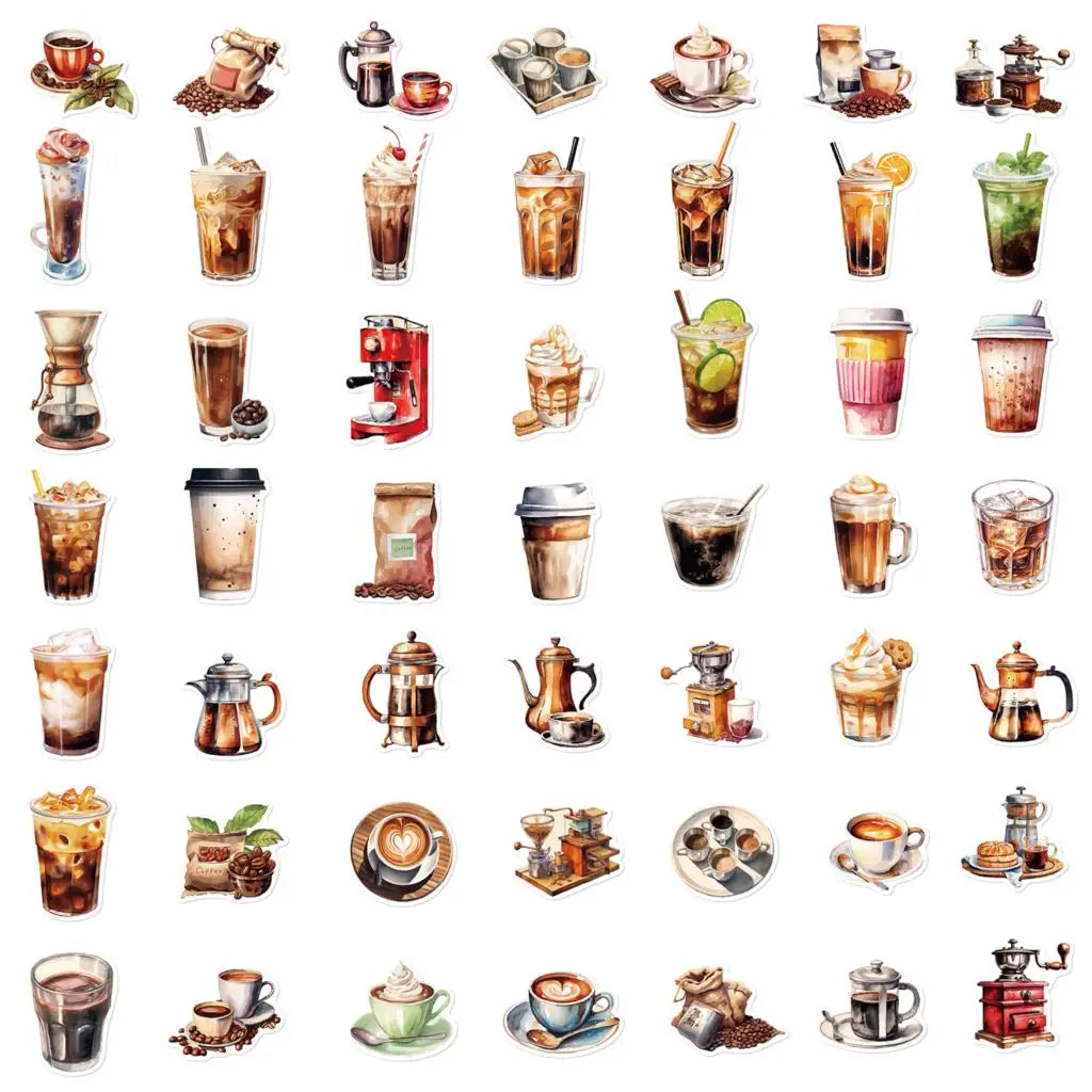 Coffee Lover Sticker Pack (50pcs) — Waterproof Art Stickers for Notebooks, Laptops & Luggage