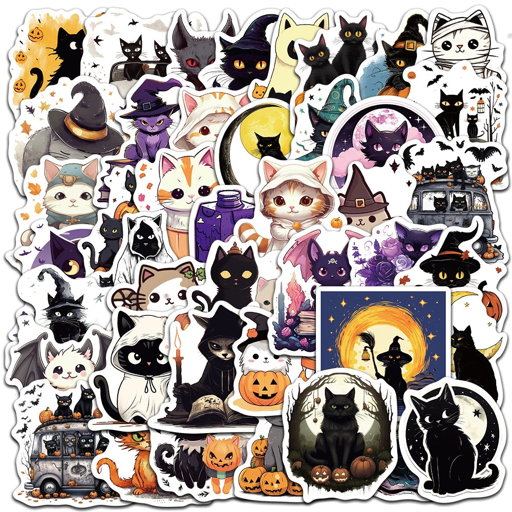 Halloween Cat Stickers Pack (50pcs) — Waterproof Vinyl Decals