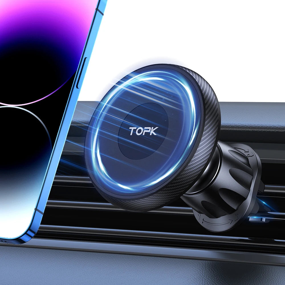 TOPK Magnetic Car Phone Mount – MagSafe Compatible, 20 Magnets, Metal Hook Vent Clip, One-Hand Operation