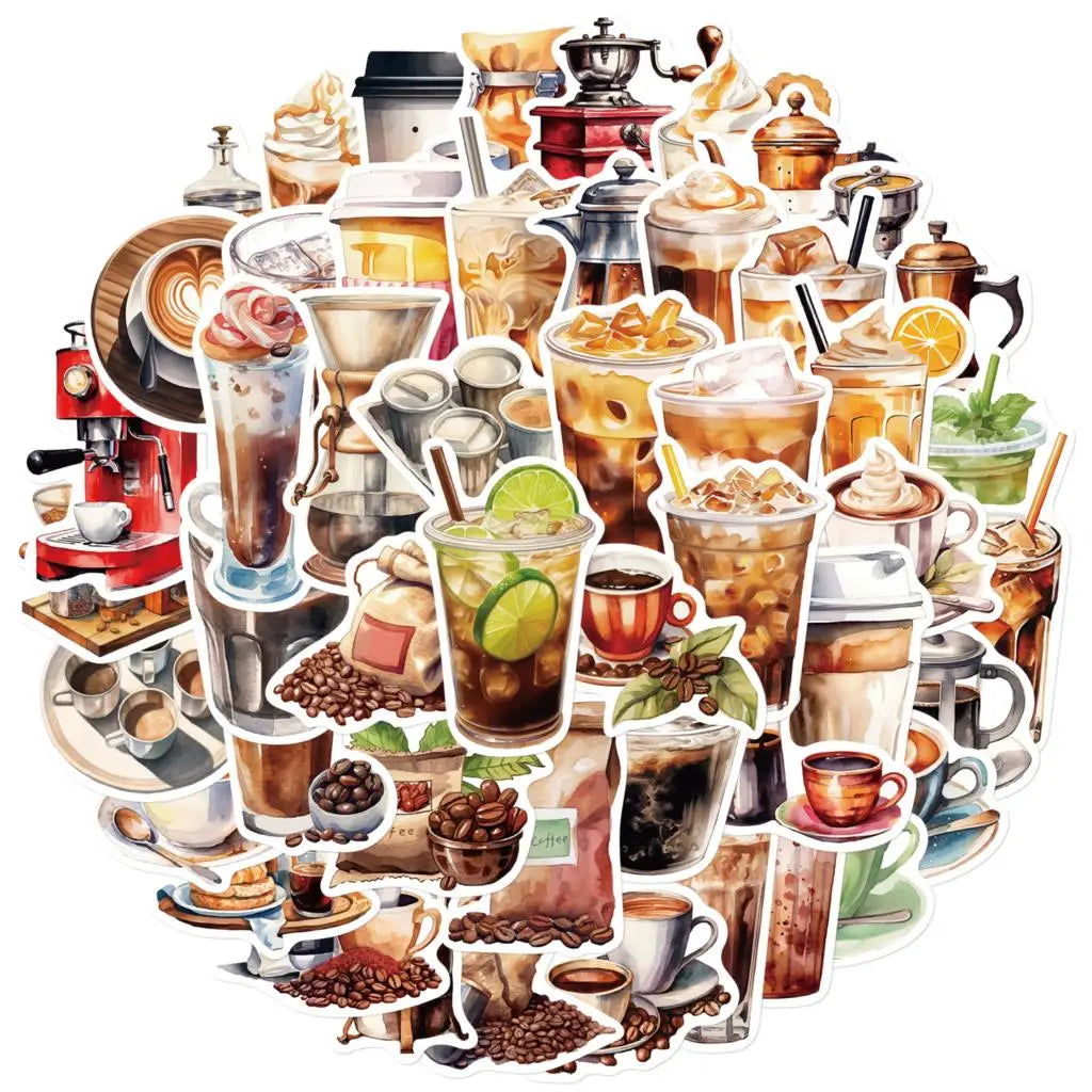 Coffee Lover Sticker Pack (50pcs) — Waterproof Art Stickers for Notebooks, Laptops & Luggage