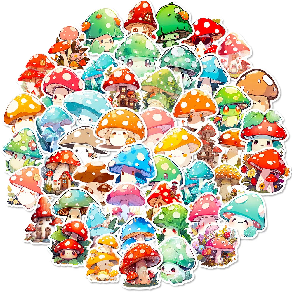 Kawaii Mushroom Sticker Pack — Fantasy Aesthetic Waterproof Decals (10 / 30 / 50pcs)