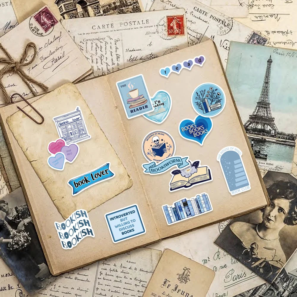 Blue Bookish Sticker Pack – 50pcs Literary Decals for Notebooks, Phone Cases & Desk Decor
