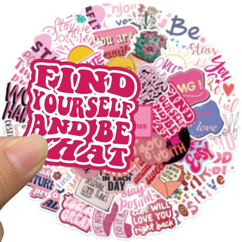 Pink Inspirational Phrases Sticker Pack (50pcs) — Cartoon Motivational Quote Decals for Notebooks, Suitcases & More