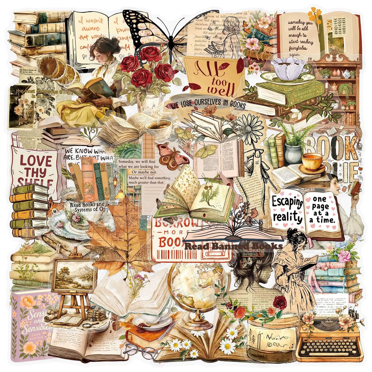 Vintage Book Lover Sticker Pack (50pcs) — Retro Reading, Butterfly & Coffee Waterproof Decals