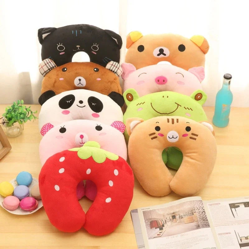 Cute Character U-Shaped Travel Neck Pillow — Frog, Panda, Bear & Strawberry Designs