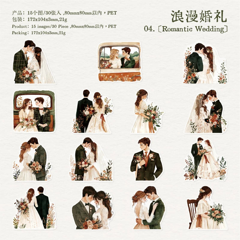 Romantic Lover Sticker Pack – 30pcs Wedding & Love Decals for Journals & Planners