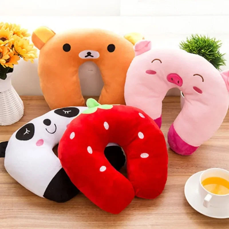 Cute Character U-Shaped Travel Neck Pillow — Frog, Panda, Bear & Strawberry Designs