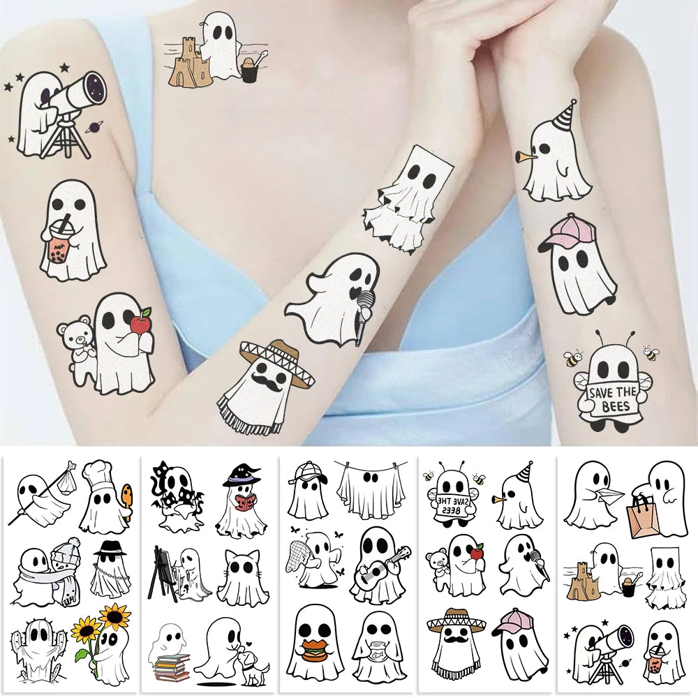 Halloween Ghost Temporary Tattoo Pack (10pcs) — Waterproof Cartoon Decals for Kids