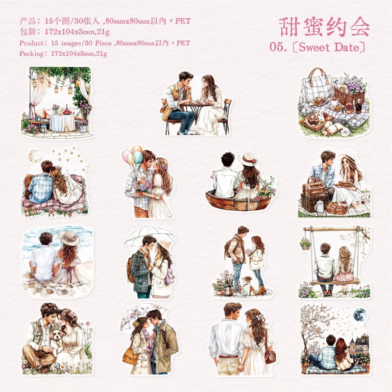 Romantic Lover Sticker Pack – 30pcs Wedding & Love Decals for Journals & Planners