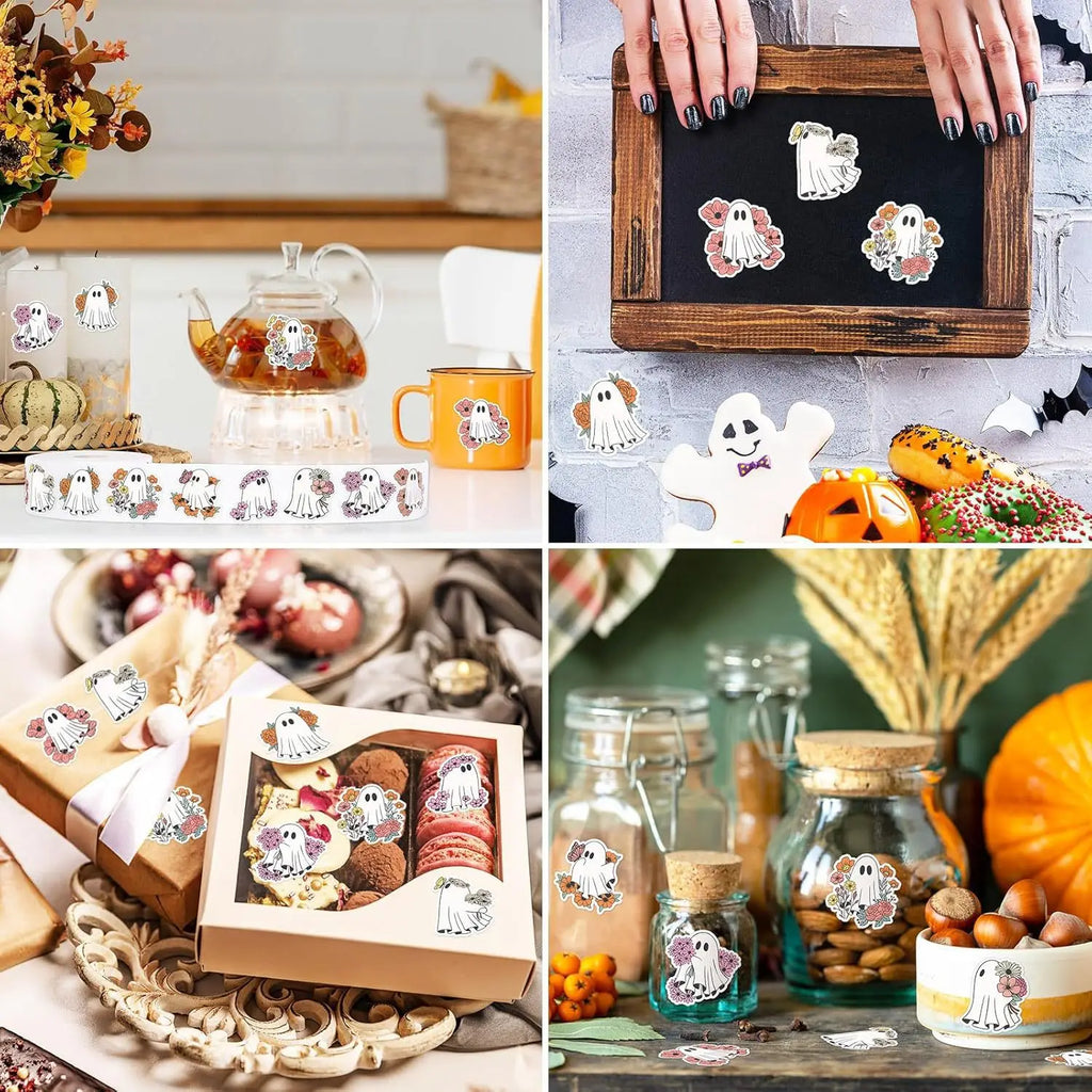 Halloween Sticker Roll (500pcs) — 8 Floral Ghost Designs, Round Sealing Labels