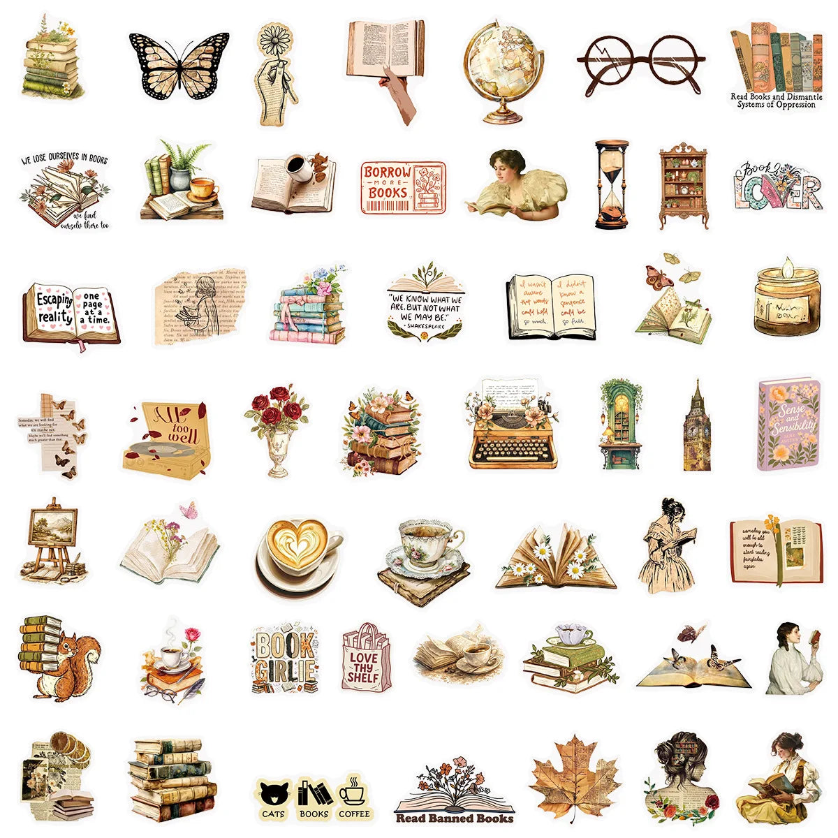 Vintage Book Lover Sticker Pack (50pcs) — Retro Reading, Butterfly & Coffee Waterproof Decals