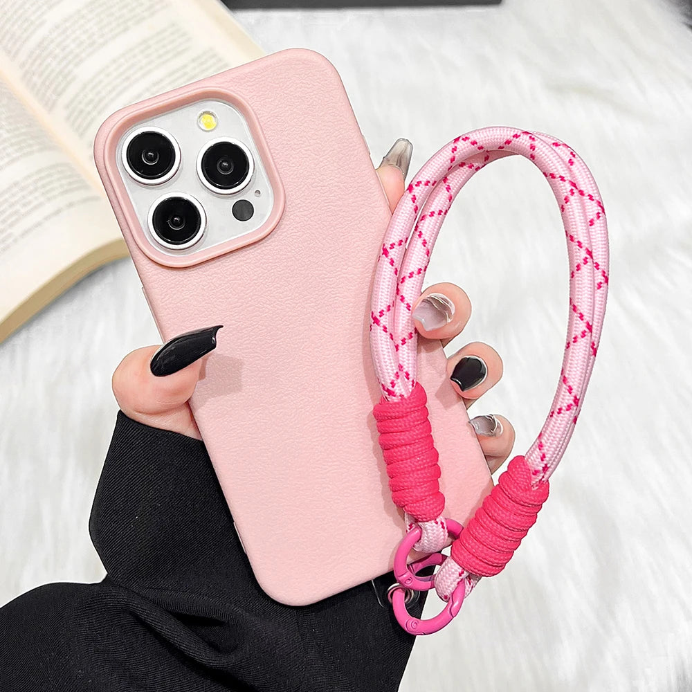 Silicone iPhone Case with Lanyard Strap – Candy Colors, Lichee Pattern, Shockproof Cover for iPhone 11–17