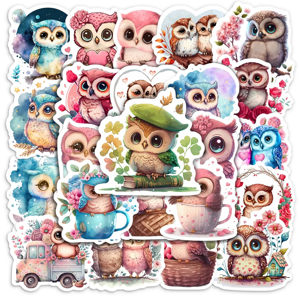 Kawaii Aesthetic Owl Sticker Pack — Waterproof Cartoon Animal Decals (10 / 25 / 50pcs)