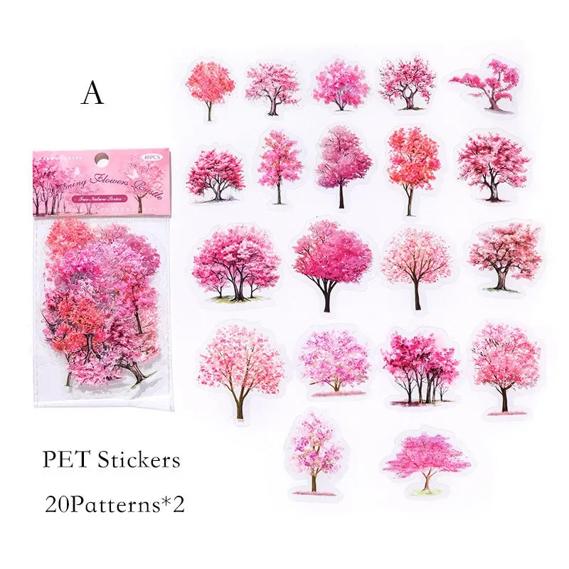 Nature Colorful Tree Sticker Pack (40pcs) — PET Decals for Scrapbooking, Journals & Collage