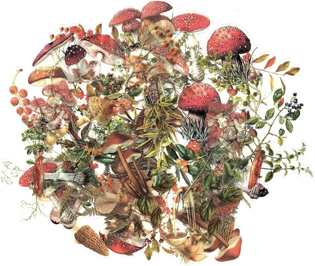 Mushroom & Plant Sticker Set (80pcs) — Vintage Nature PET Transparent Die-Cut Decals for Journaling & Scrapbooking