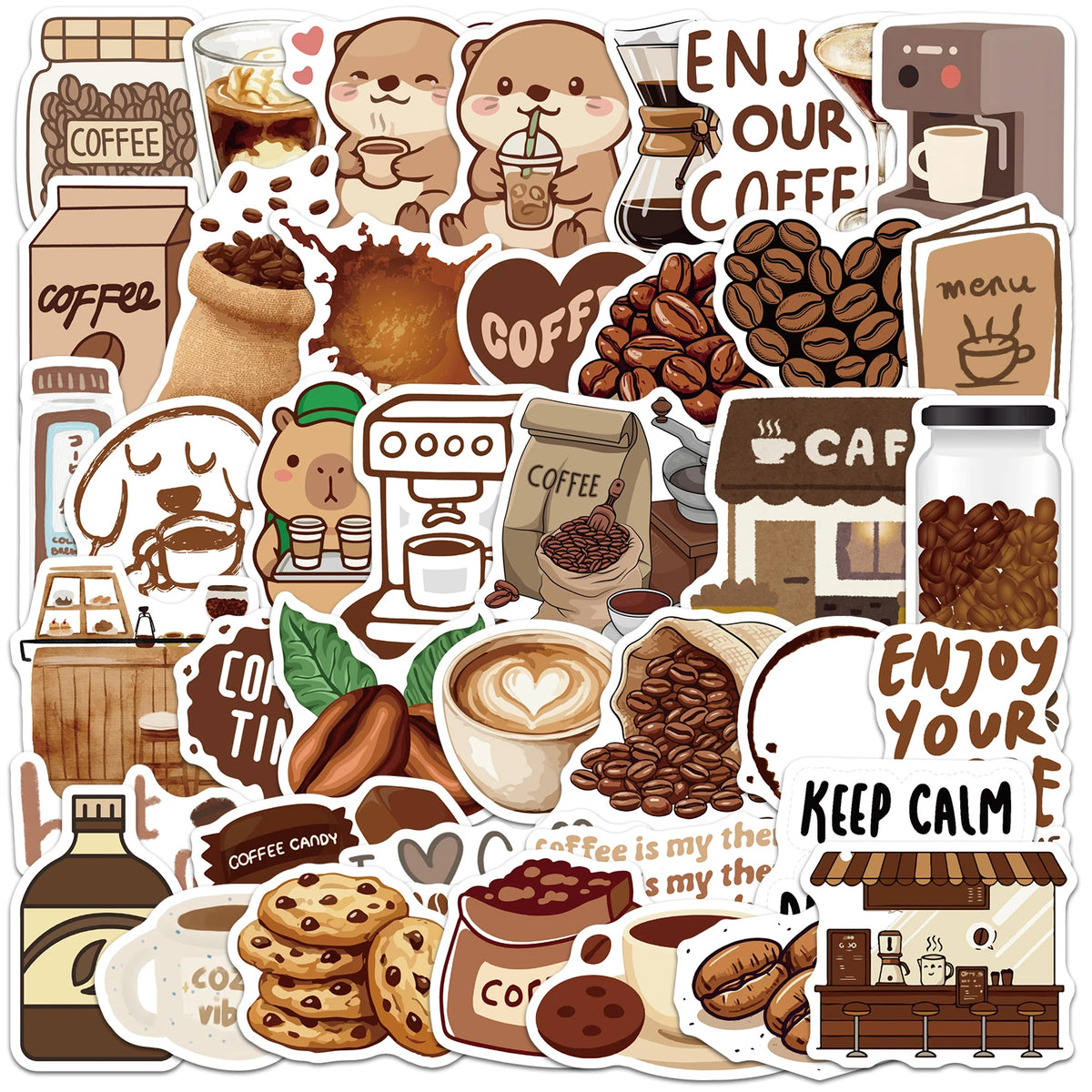 Kawaii Coffee Shop Sticker Pack – 10/30/50pcs Cute Latte & Coffee Bean Decals