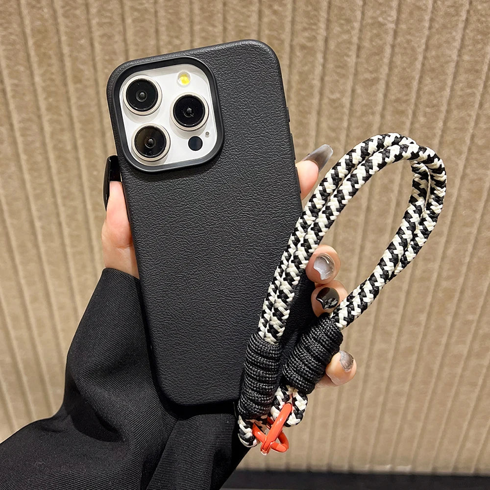 Silicone iPhone Case with Lanyard Strap – Candy Colors, Lichee Pattern, Shockproof Cover for iPhone 11–17