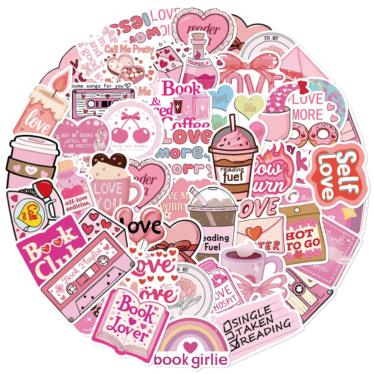 Pink Bookish Lover Sticker Pack – 50pcs Vinyl Decals for Notebooks & Luggage