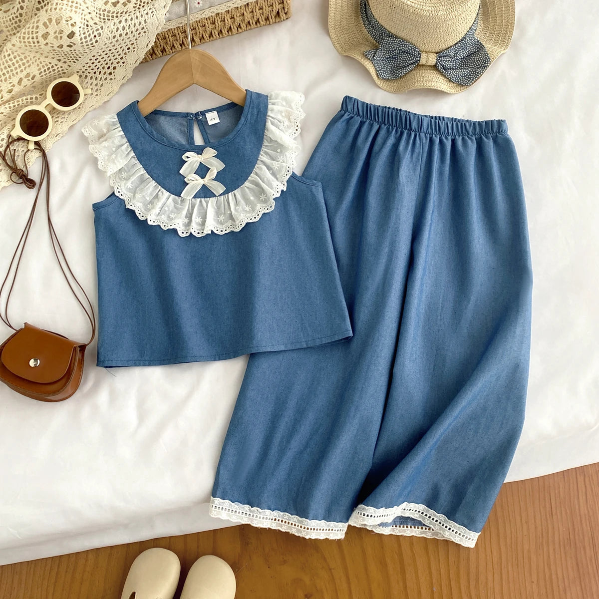 Girls' Cowboy Lace Bow & Wide Leg Pants Set – Summer Fashion 2-Piece