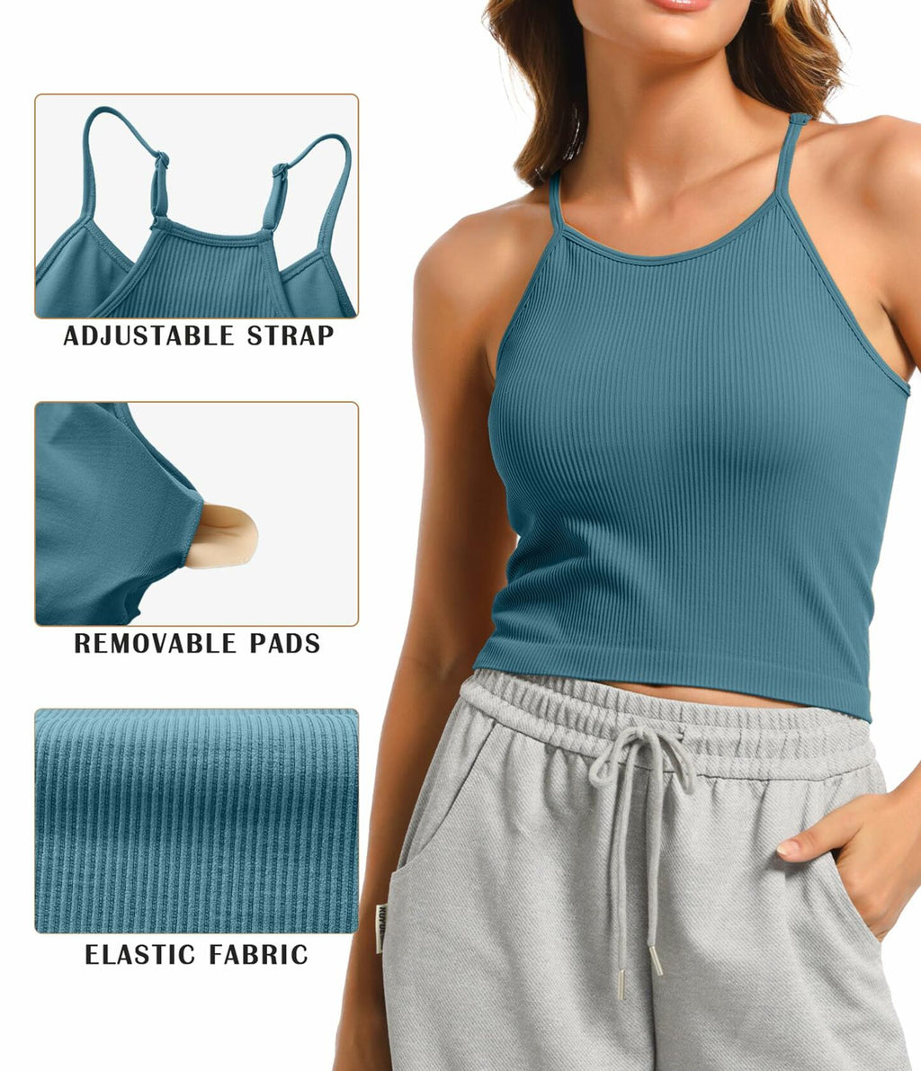OVESPORT 2 Pack Women’s Workout Tank Tops Built-In Bra Blue/White M