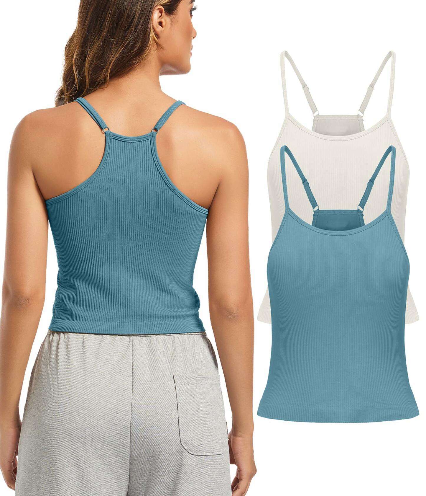 OVESPORT 2 Pack Women’s Workout Tank Tops Built-In Bra Blue/White M